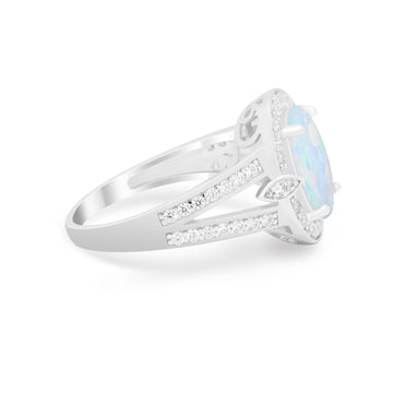 Art Deco Split Shank Engagement Bridal Ring Lab Created White Opal 925 Sterling Silver